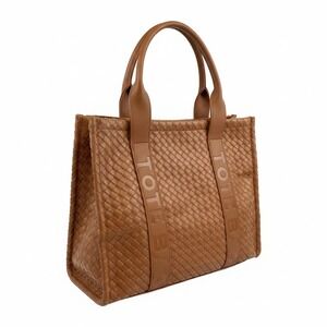 ELLO Woven Tote Bag Brown Faux Leather Double Handle Shoulder Purse